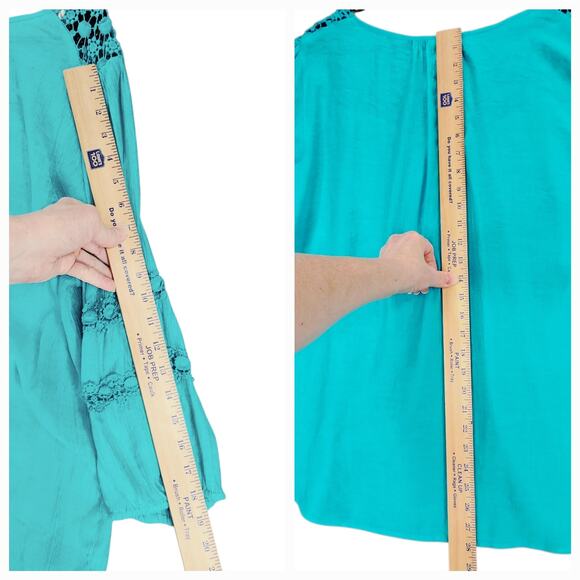 grand & greene Top sz 1X Women Aqua Blue Pink Peasant Boho Fairy Balloon Sleeves - Picture 9 of 14